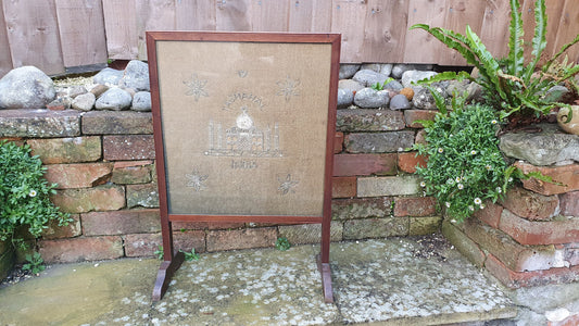 Unusual Pre War Oak Frame Fire Screen of Taj Mahal Sequin Tapestry India