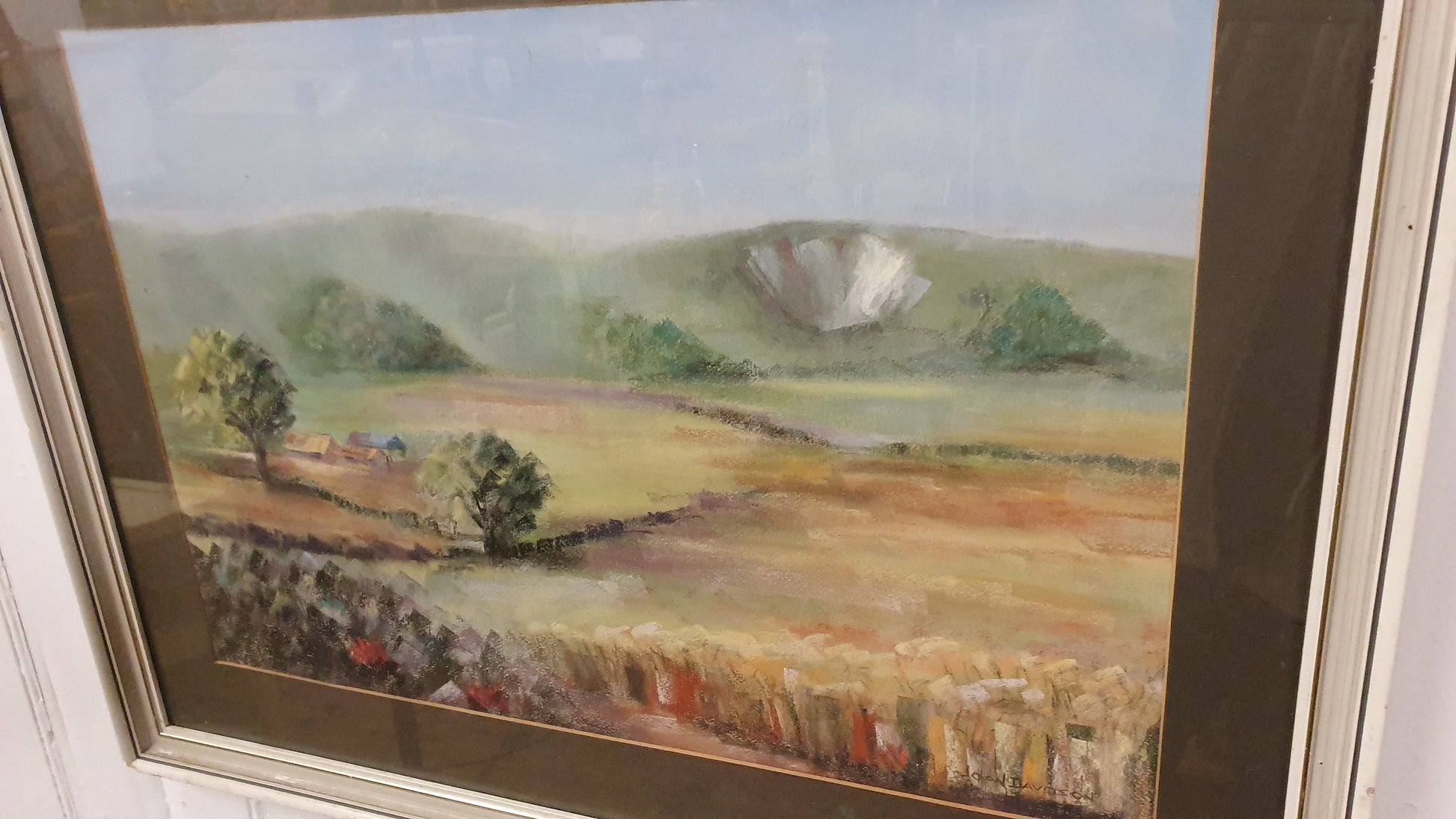 Large Retro Original Oil Pastel Painting Countryside Landscape in Glazed Wooden Frame