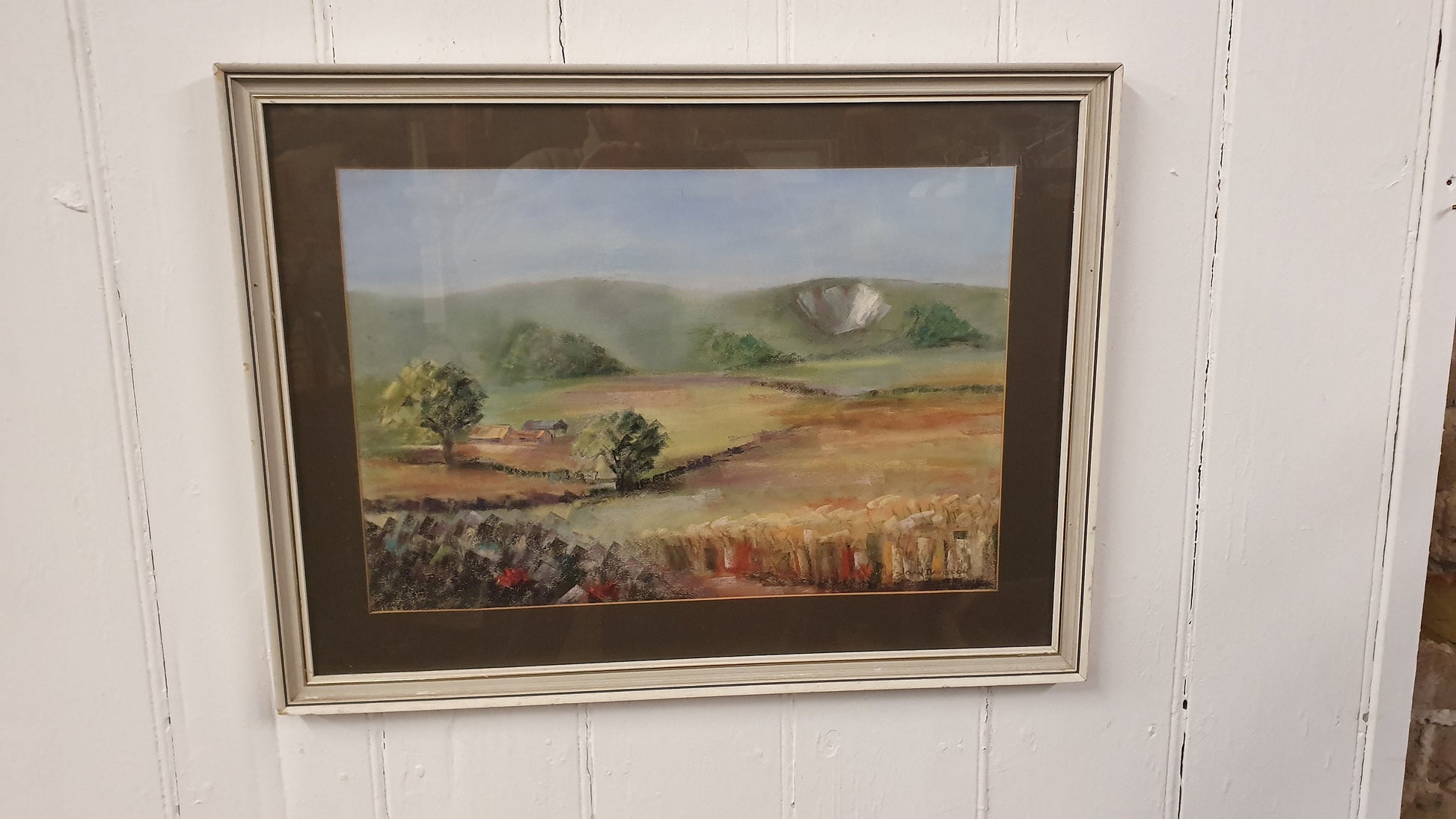 Large Retro Original Oil Pastel Painting Countryside Landscape in Glazed Wooden Frame