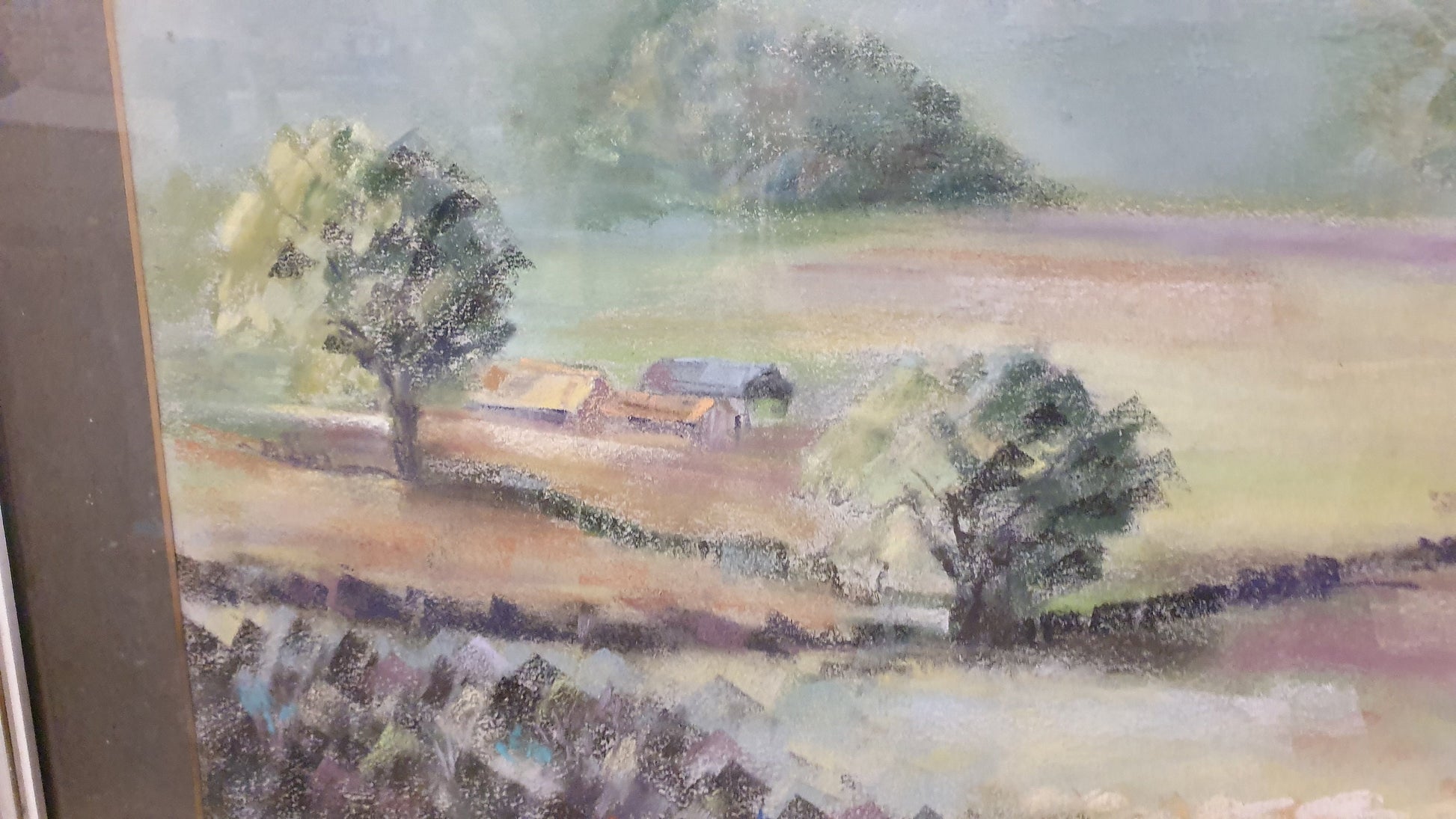 Large Retro Original Oil Pastel Painting Countryside Landscape in Glazed Wooden Frame