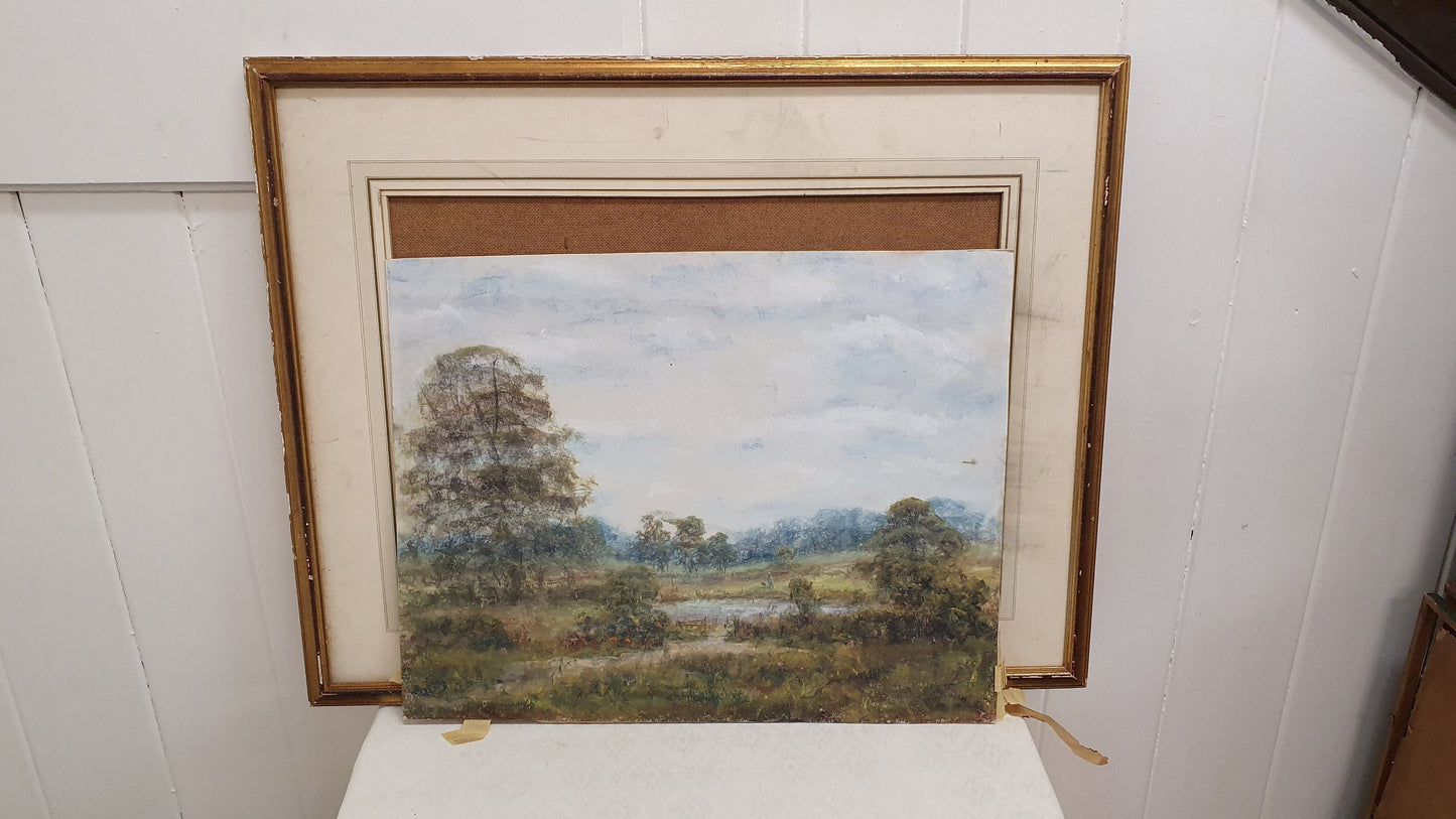 Large Vintage Original Oil Pastel Painting Landscape with Trees in Wooden Frame