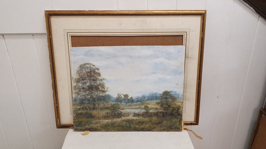 Large Vintage Original Oil Pastel Painting Landscape with Trees in Wooden Frame
