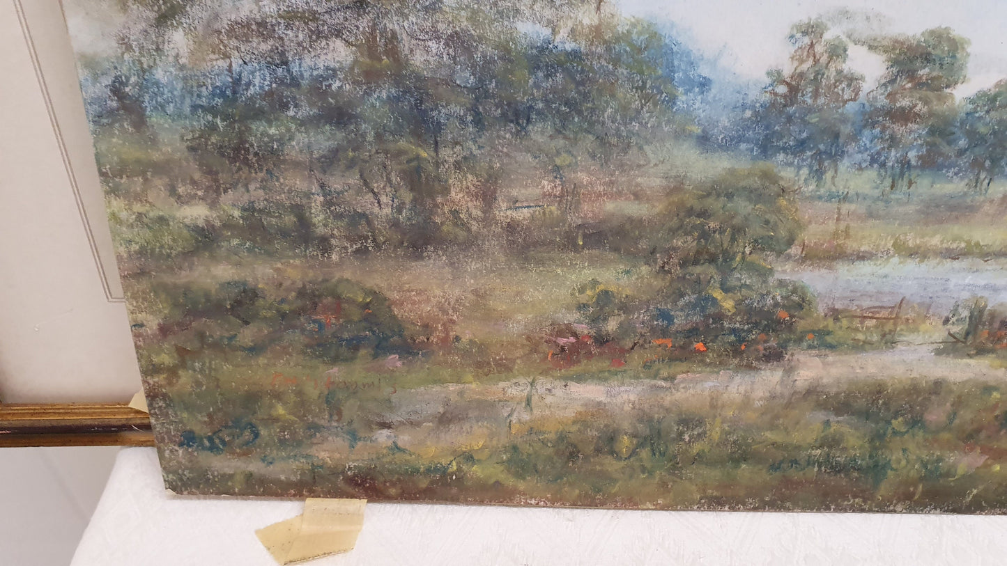 Large Vintage Original Oil Pastel Painting Landscape with Trees in Wooden Frame