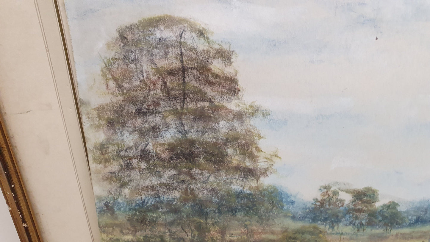 Large Vintage Original Oil Pastel Painting Landscape with Trees in Wooden Frame