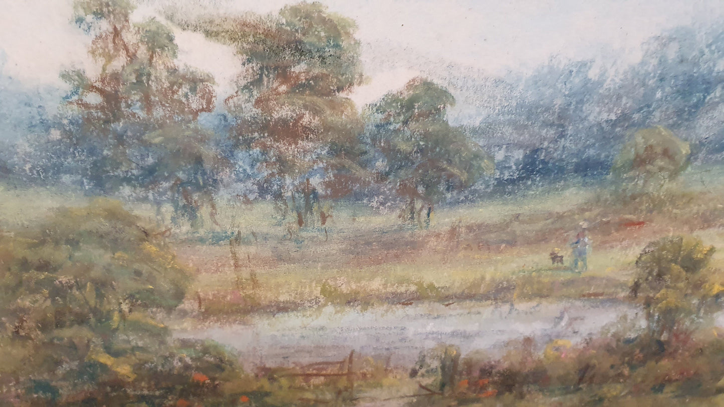 Large Vintage Original Oil Pastel Painting Landscape with Trees in Wooden Frame