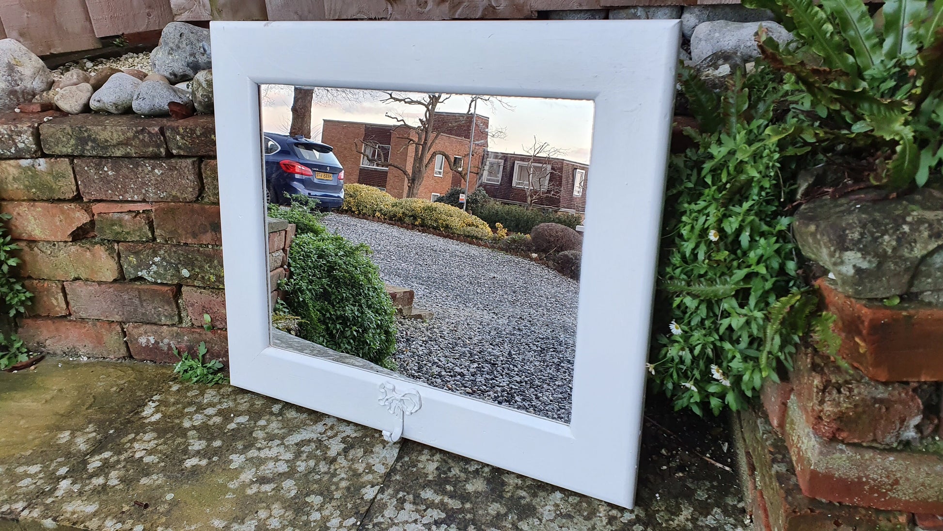Painted Wall Mirror in Farrow and Ball Wimborne White With Metal Ribbon Hook
