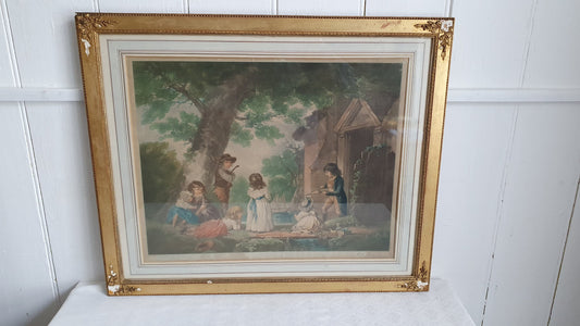 Vintage Delightful and Huge Print Classic Children Playing in Gold Gilt Frame Signed. Painting Picture