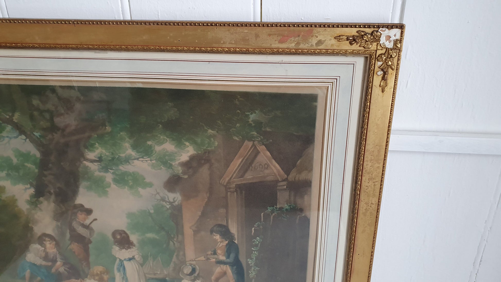 Vintage Delightful and Huge Print Classic Children Playing in Gold Gilt Frame Signed. Painting Picture