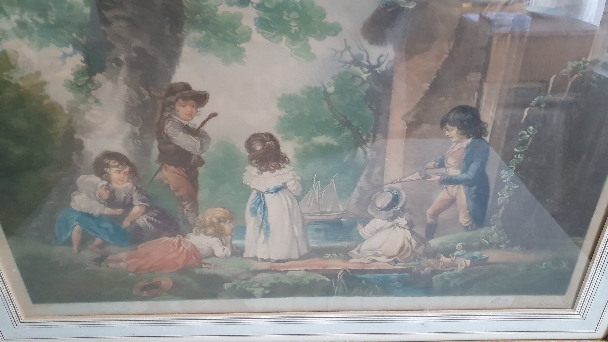 Vintage Delightful and Huge Print Classic Children Playing in Gold Gilt Frame Signed. Painting Picture