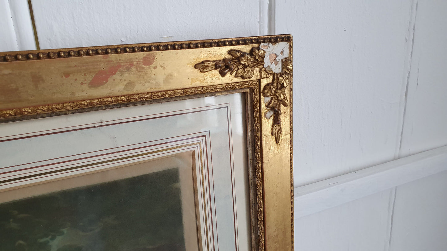 Vintage Delightful and Huge Print Classic Children Playing in Gold Gilt Frame Signed. Painting Picture