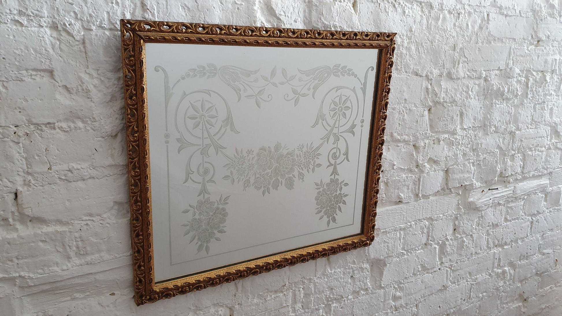 Large Heavy Gilt Retro Gold 60’s Wall Mirror Pattern Decorated Glass.
