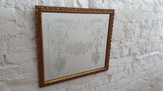 Large Heavy Gilt Retro Gold 60’s Wall Mirror Pattern Decorated Glass.