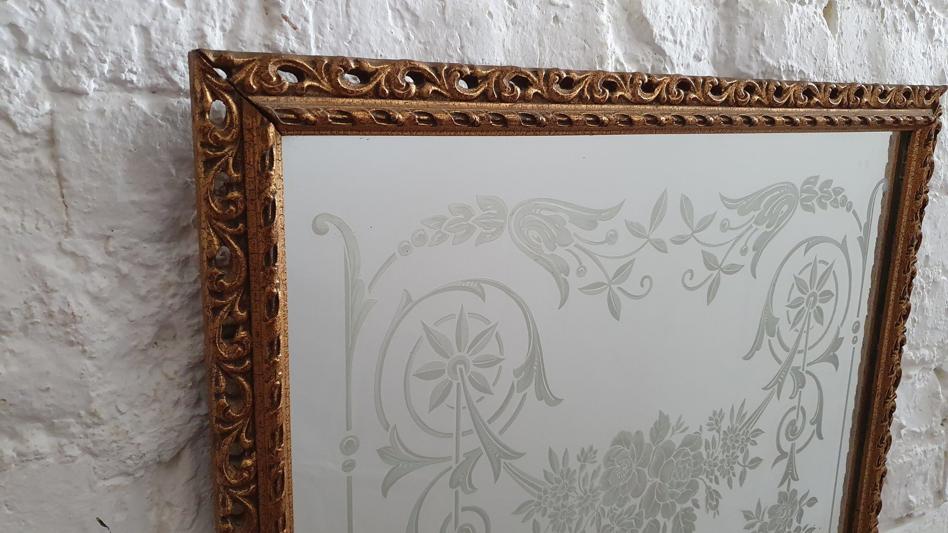 Large Heavy Gilt Retro Gold 60’s Wall Mirror Pattern Decorated Glass.