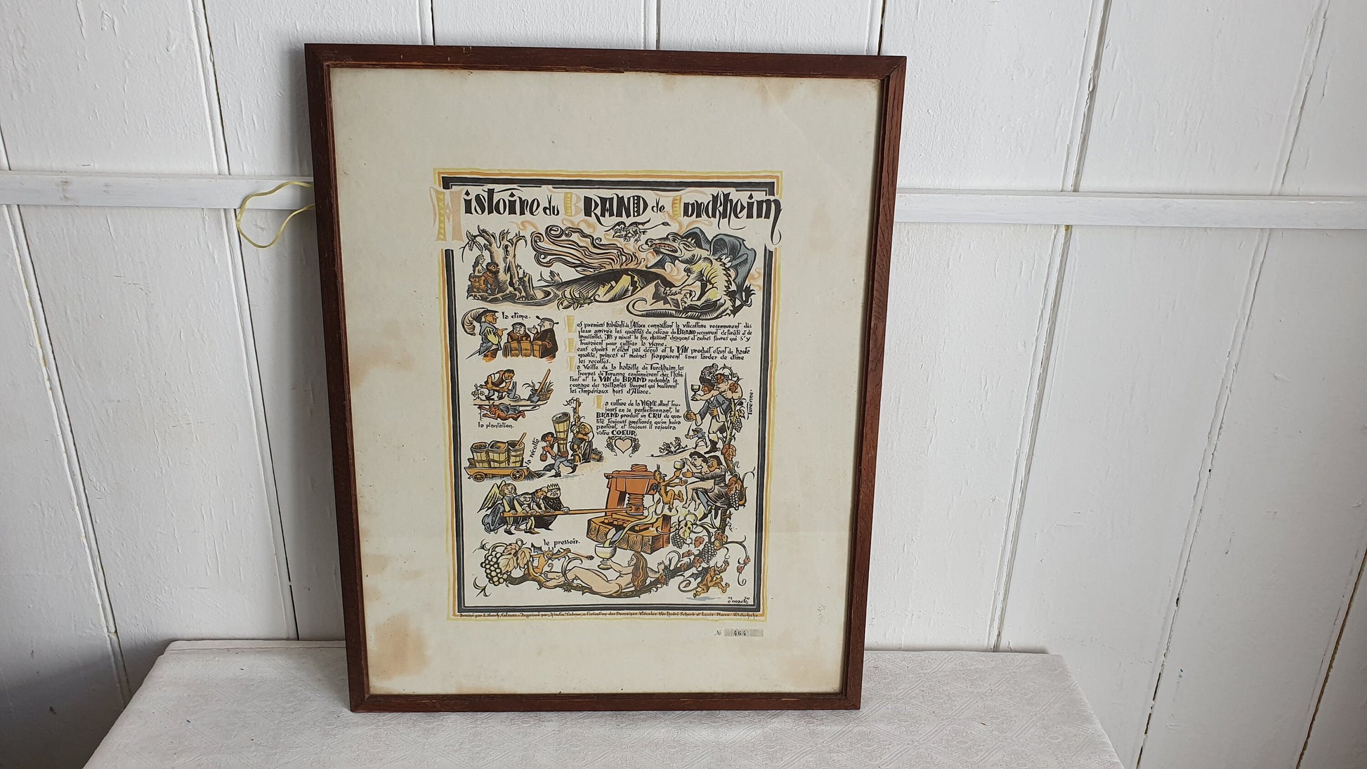 Large Delightful Vintner Large French Wine Comic Poster Histoire du Brand de Turkheim 1950’s.