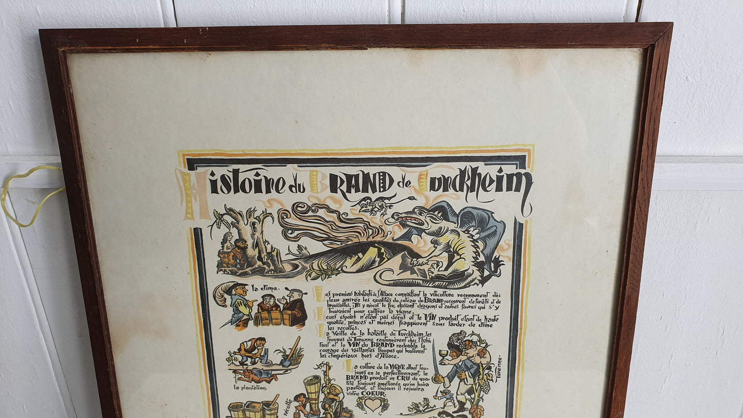 Large Delightful Vintner Large French Wine Comic Poster Histoire du Brand de Turkheim 1950’s.