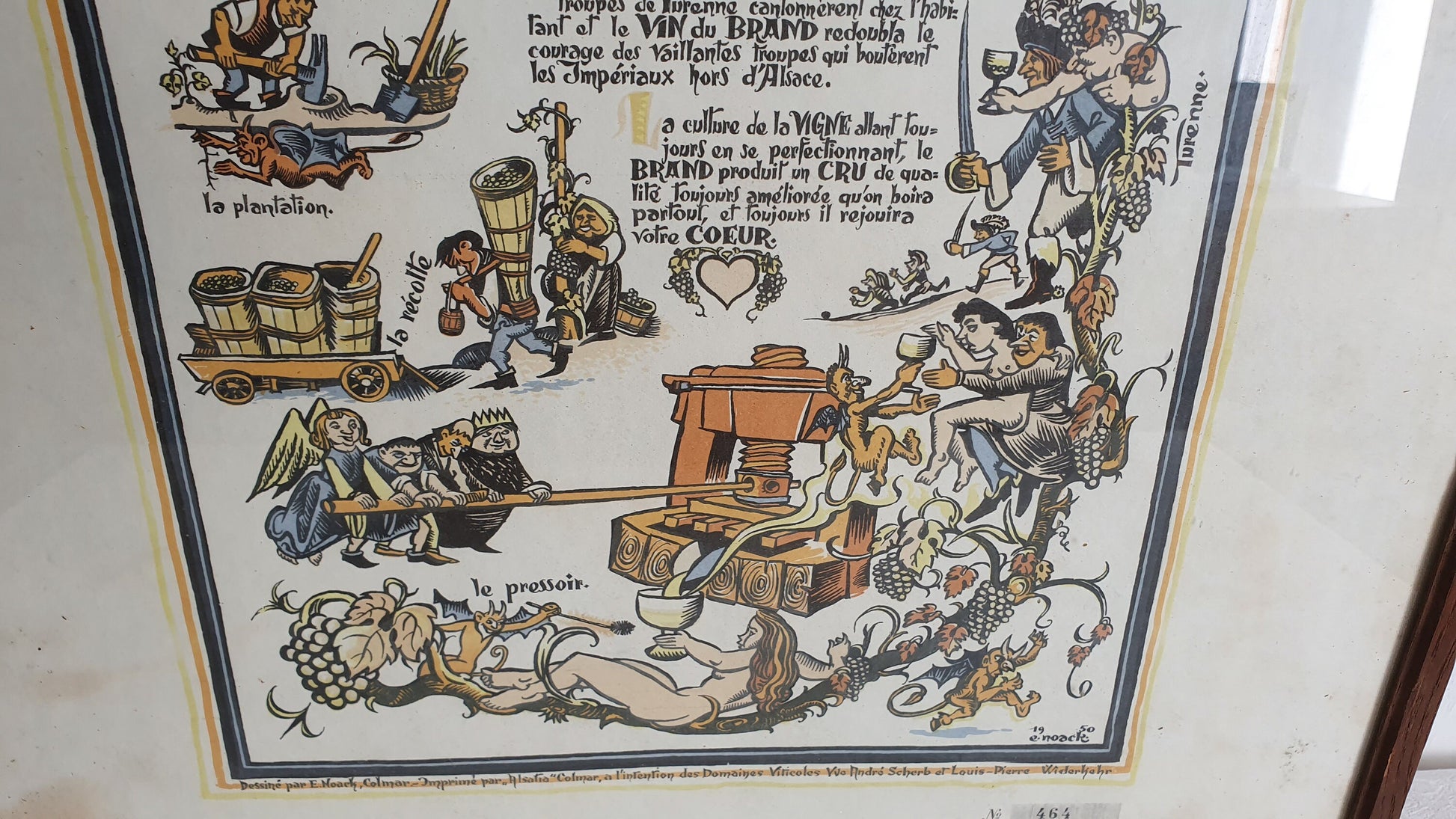 Large Delightful Vintner Large French Wine Comic Poster Histoire du Brand de Turkheim 1950’s.
