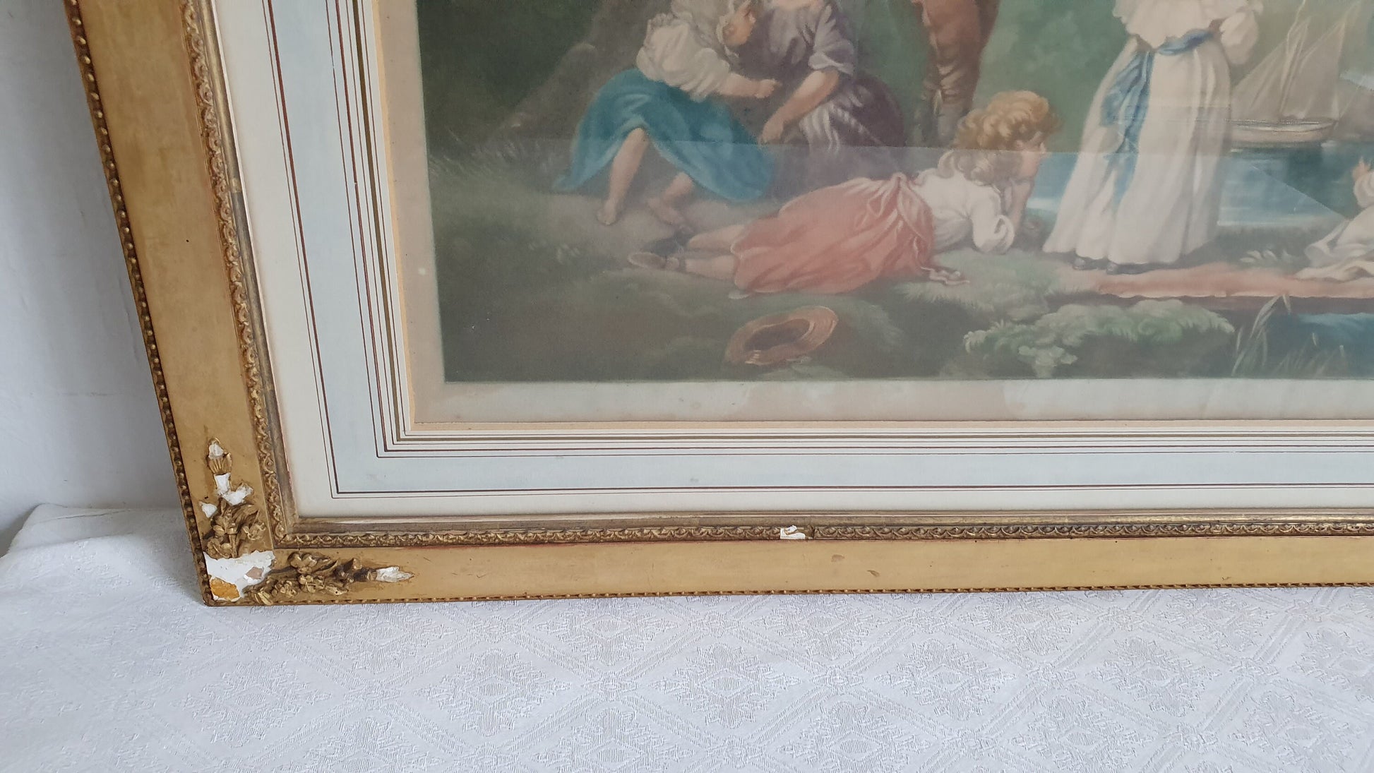 Vintage Delightful and Huge Print Classic Children Playing in Gold Gilt Frame Signed. Painting Picture