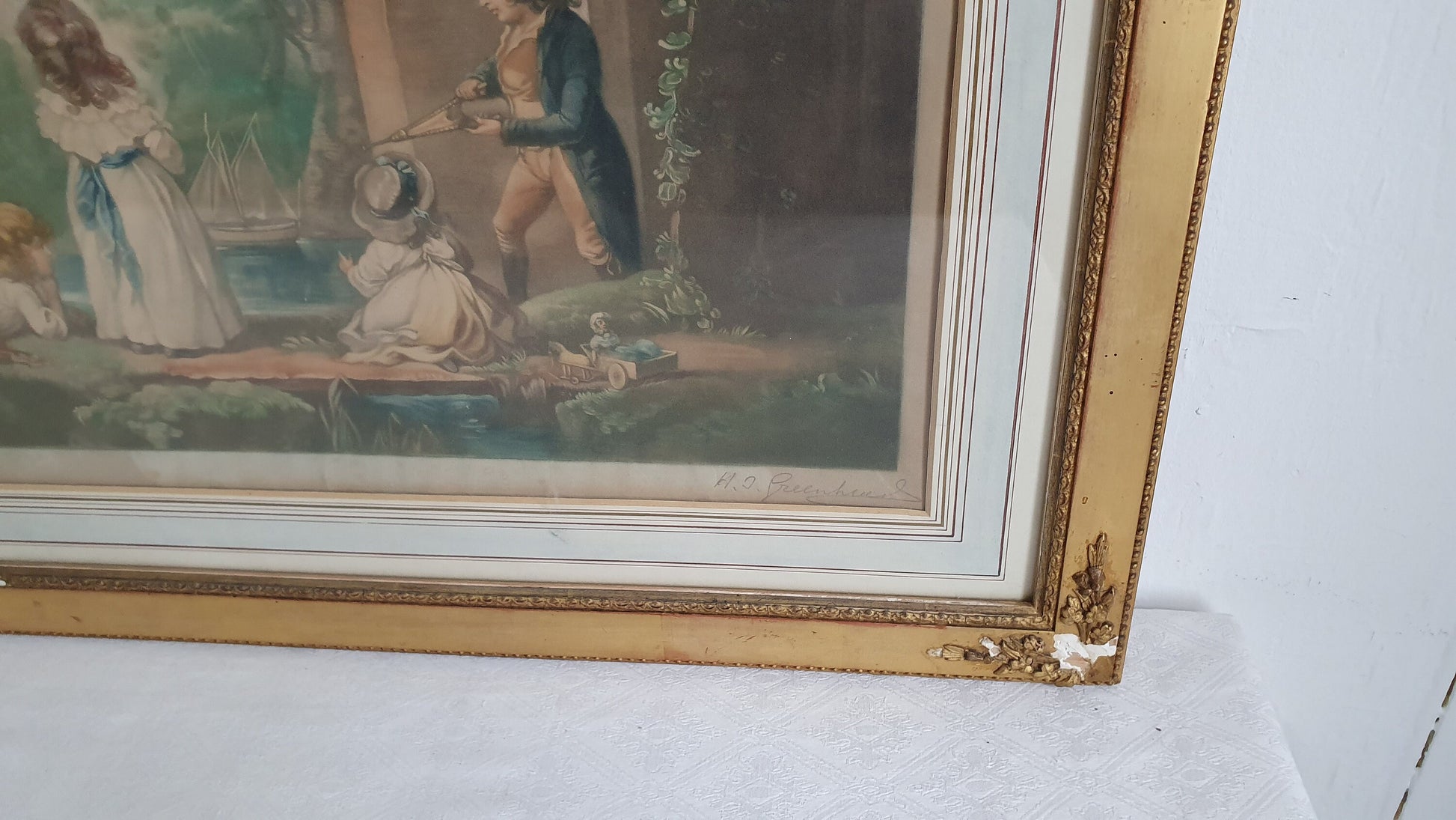 Vintage Delightful and Huge Print Classic Children Playing in Gold Gilt Frame Signed. Painting Picture