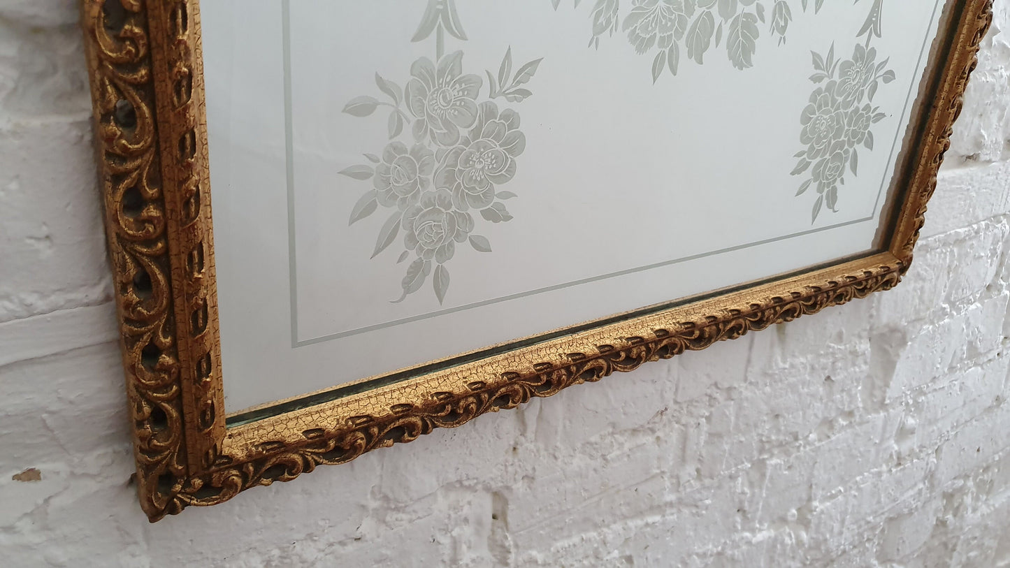 Large Heavy Gilt Retro Gold 60’s Wall Mirror Pattern Decorated Glass.