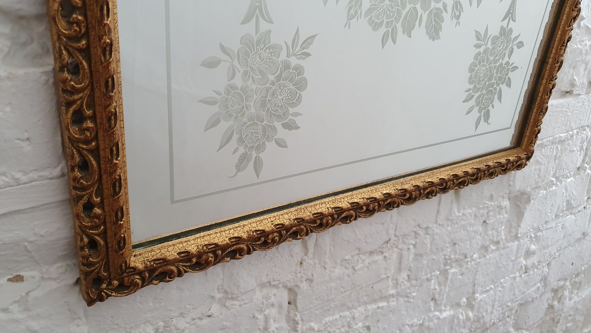 Large Heavy Gilt Retro Gold 60’s Wall Mirror Pattern Decorated Glass.