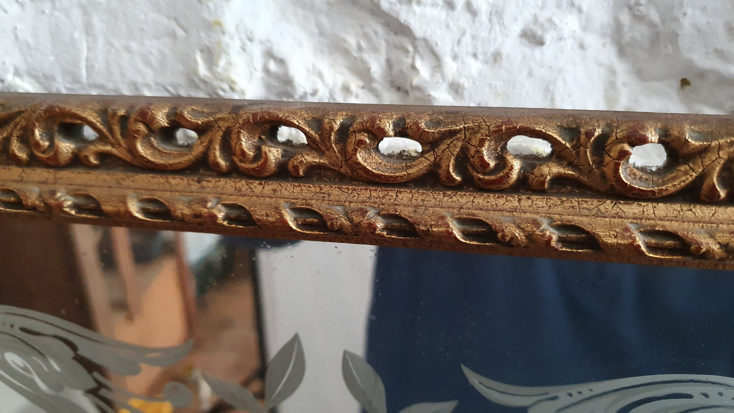 Large Heavy Gilt Retro Gold 60’s Wall Mirror Pattern Decorated Glass.