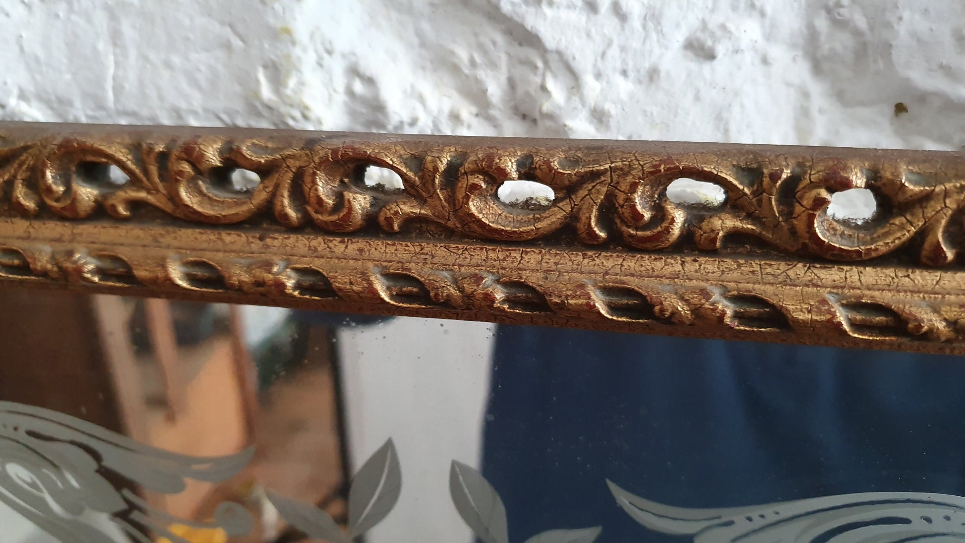 Large Heavy Gilt Retro Gold 60’s Wall Mirror Pattern Decorated Glass.
