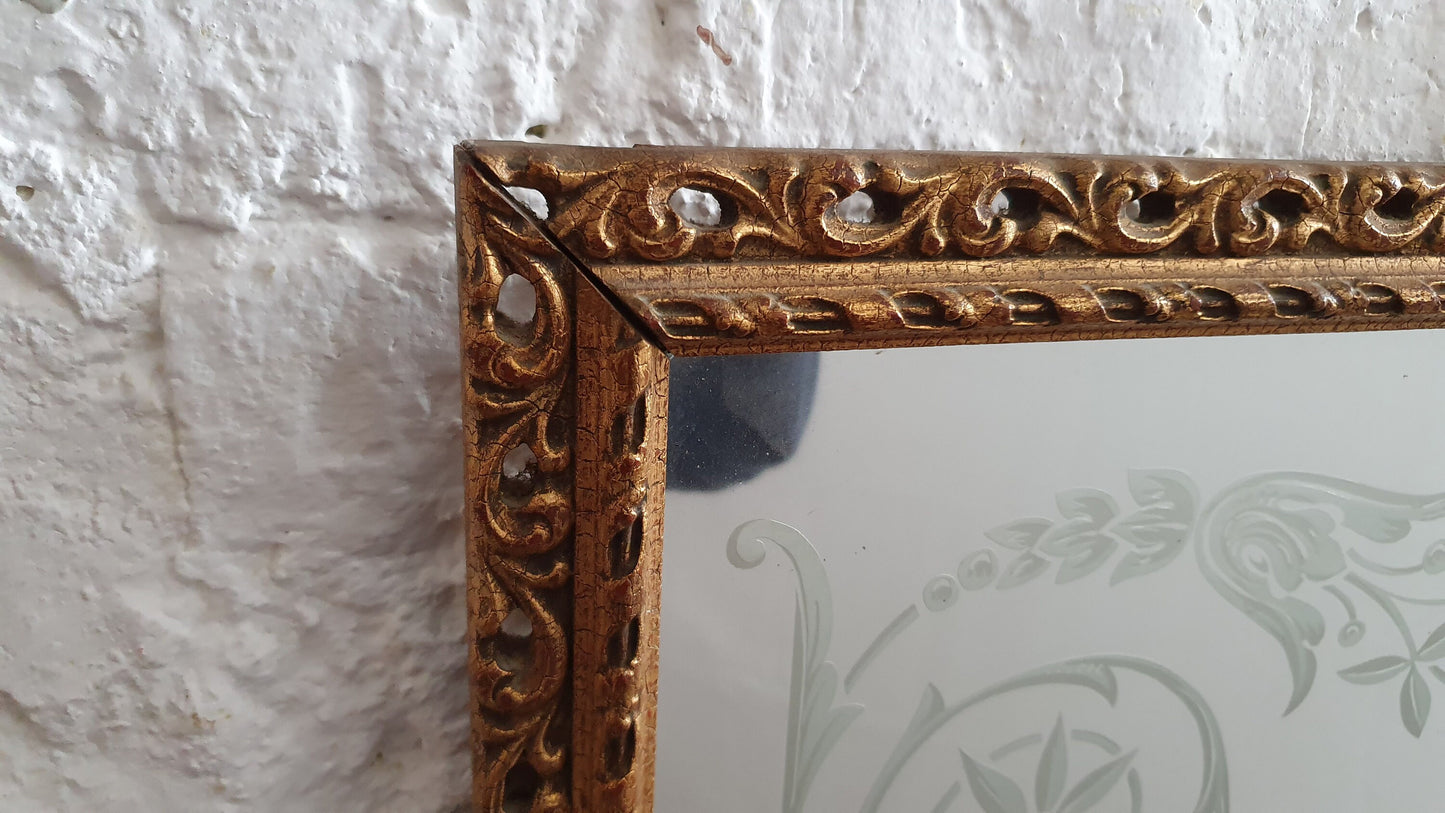 Large Heavy Gilt Retro Gold 60’s Wall Mirror Pattern Decorated Glass.