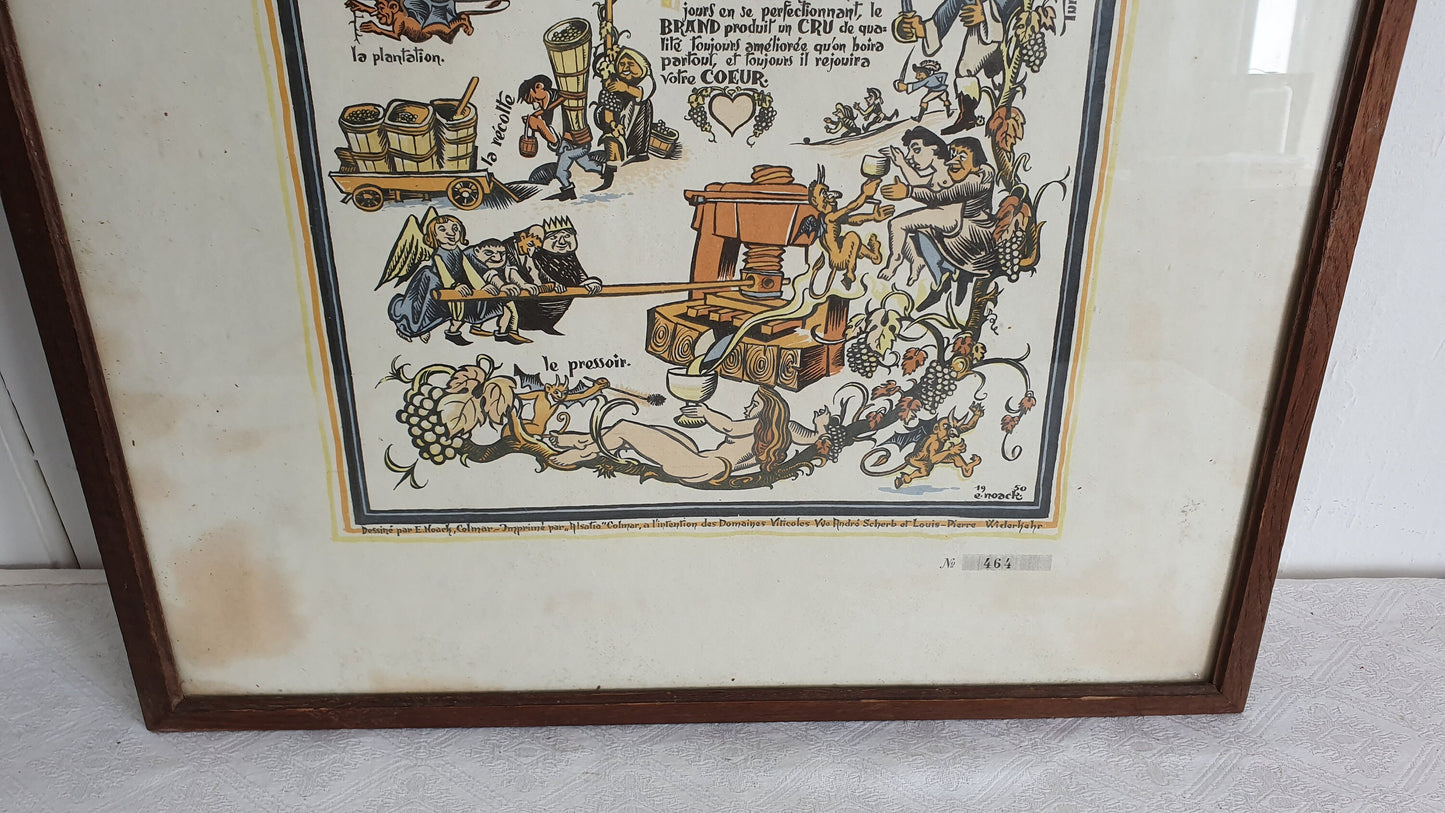 Large Delightful Vintner Large French Wine Comic Poster Histoire du Brand de Turkheim 1950’s.