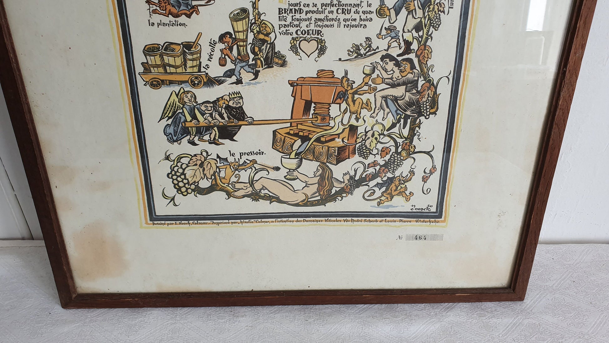 Large Delightful Vintner Large French Wine Comic Poster Histoire du Brand de Turkheim 1950’s.