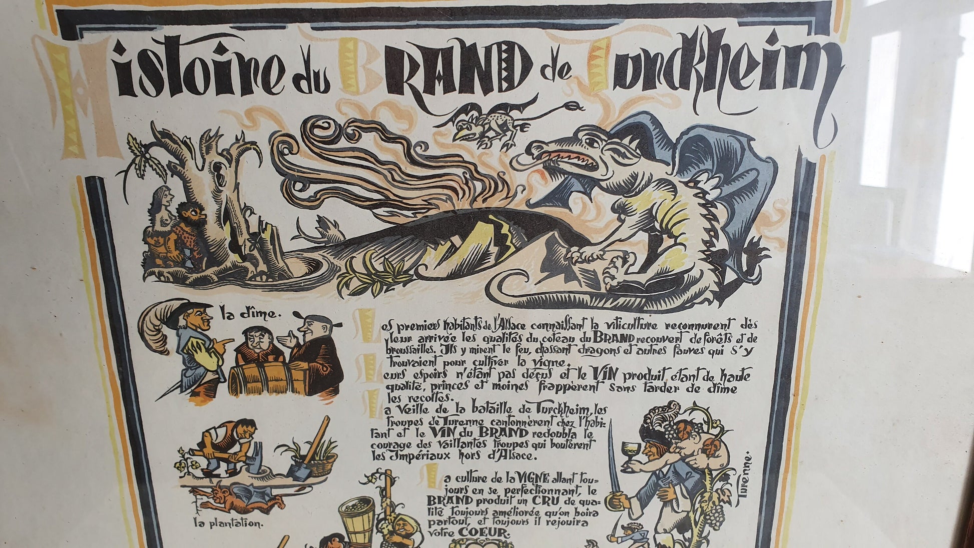 Large Delightful Vintner Large French Wine Comic Poster Histoire du Brand de Turkheim 1950’s.