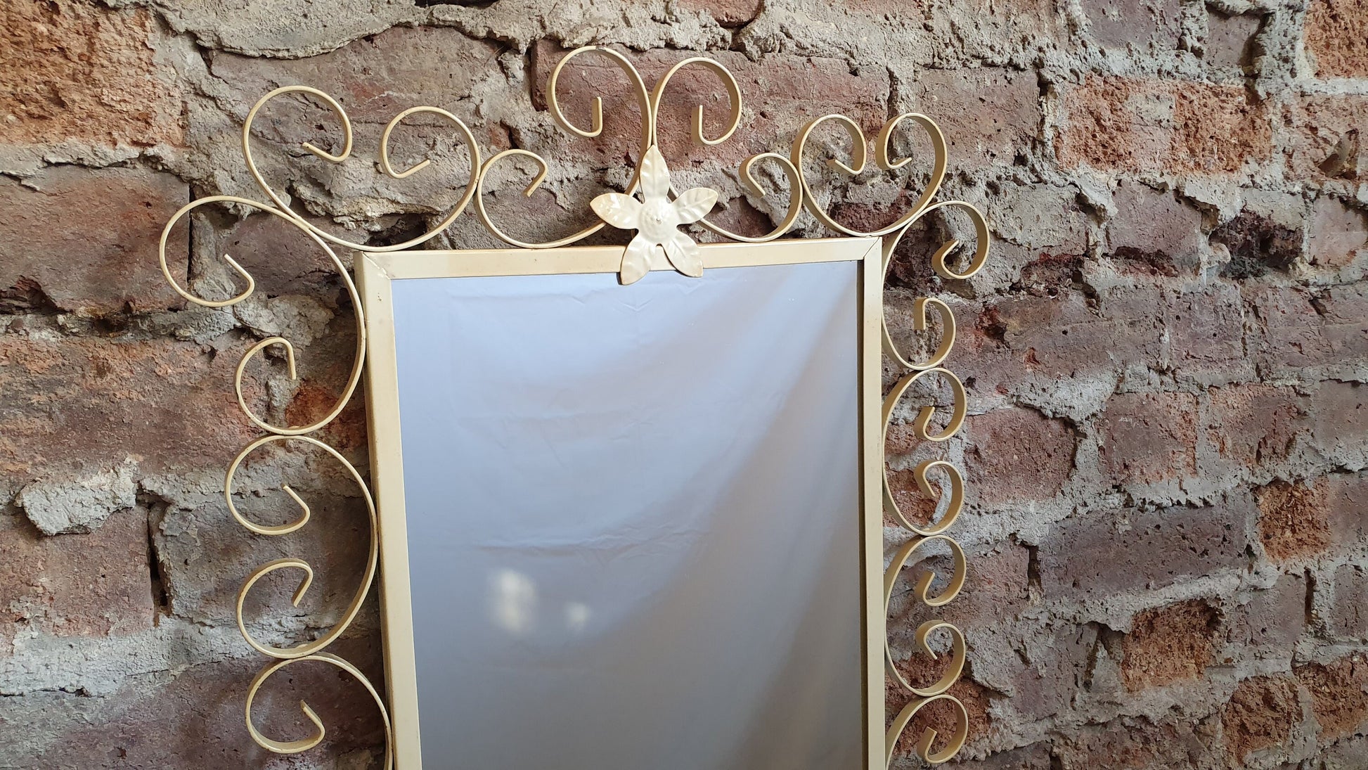 Quirky Retro Tall Vintage Mirror with White Curly Swirly Metal Frame.