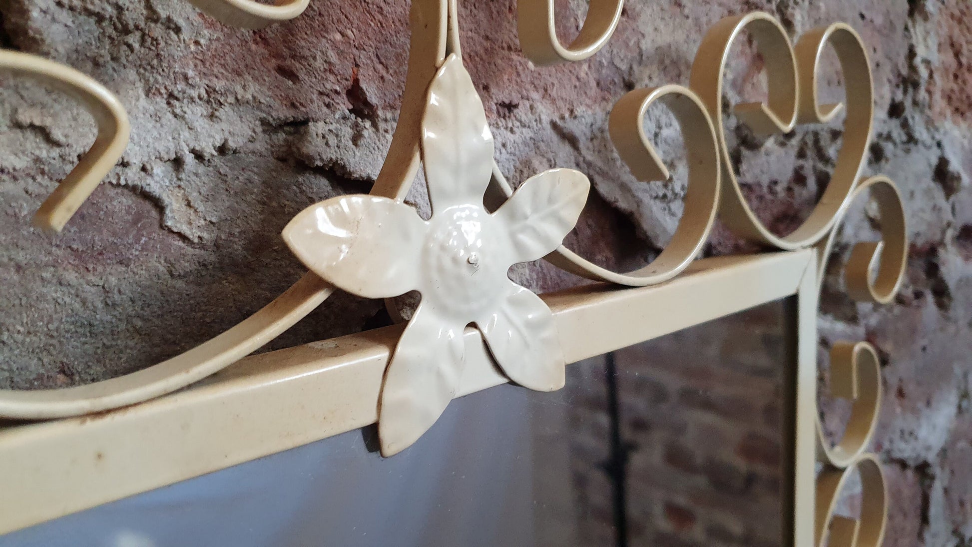 Quirky Retro Tall Vintage Mirror with White Curly Swirly Metal Frame.