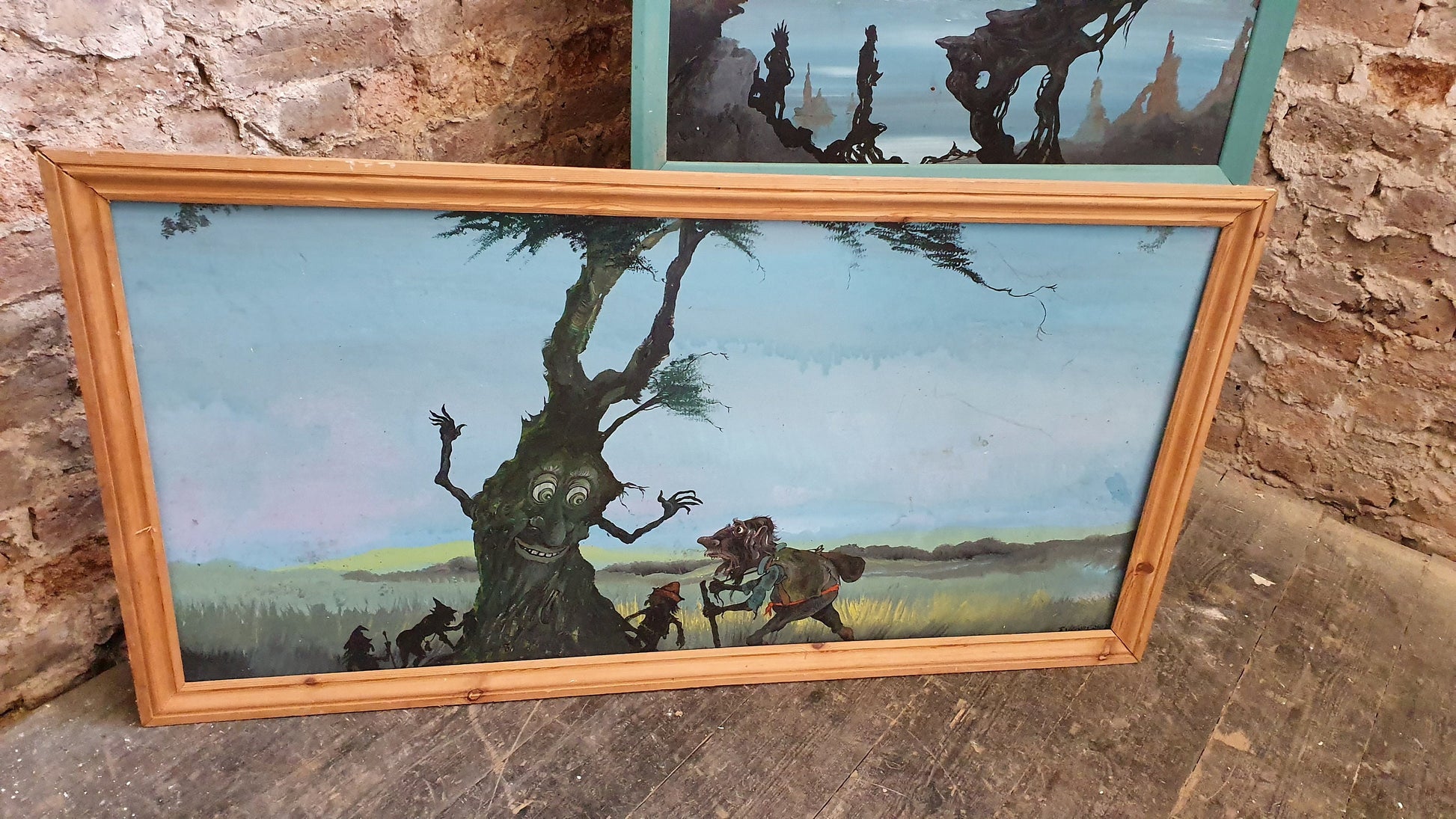 Three Huge 1980’s Vintage Original Acrylic Paintings Fantasy Gremlins Hobbit Dungeon and Dragons Pictures