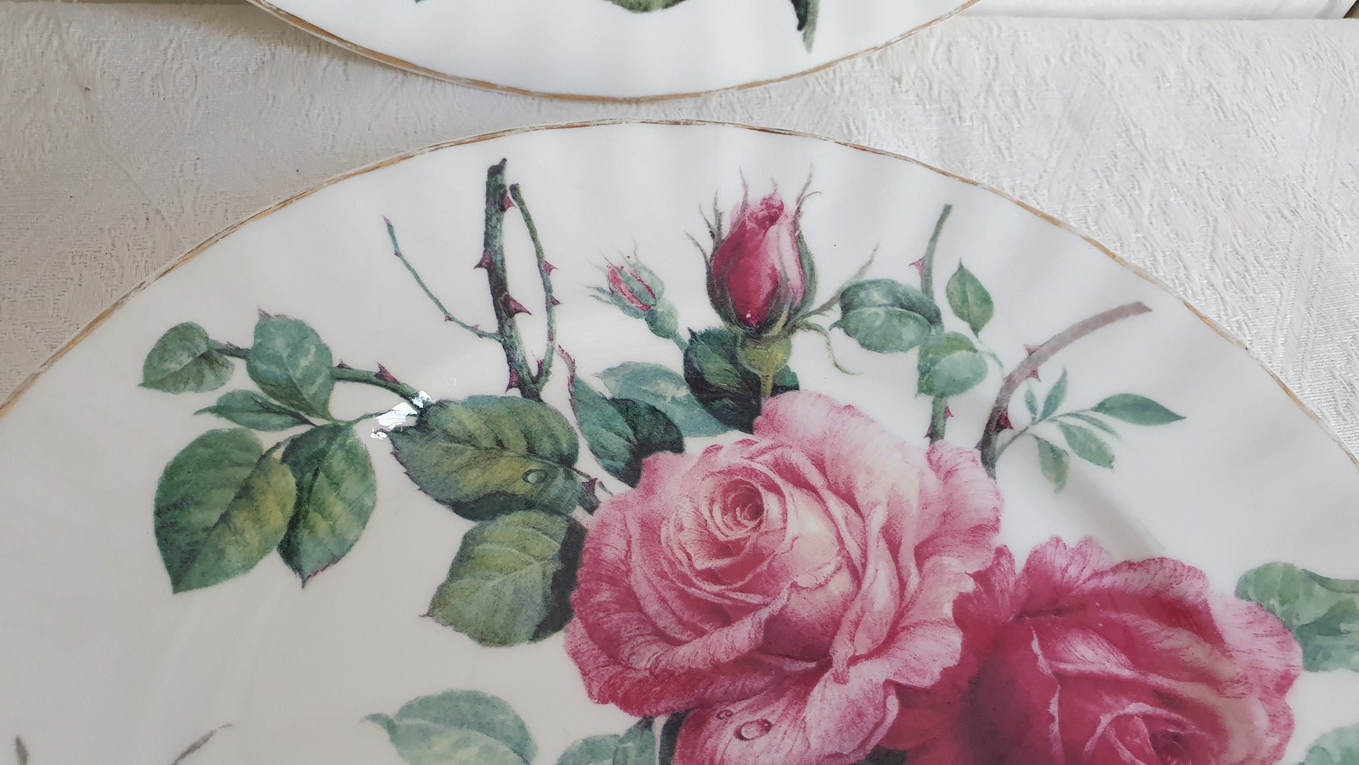 Delightful Set of 4 Rose Cups Saucers and Large Tea Plates ‘English Rose’ Tea Set Exclusive Design Roy Kirkham 1992