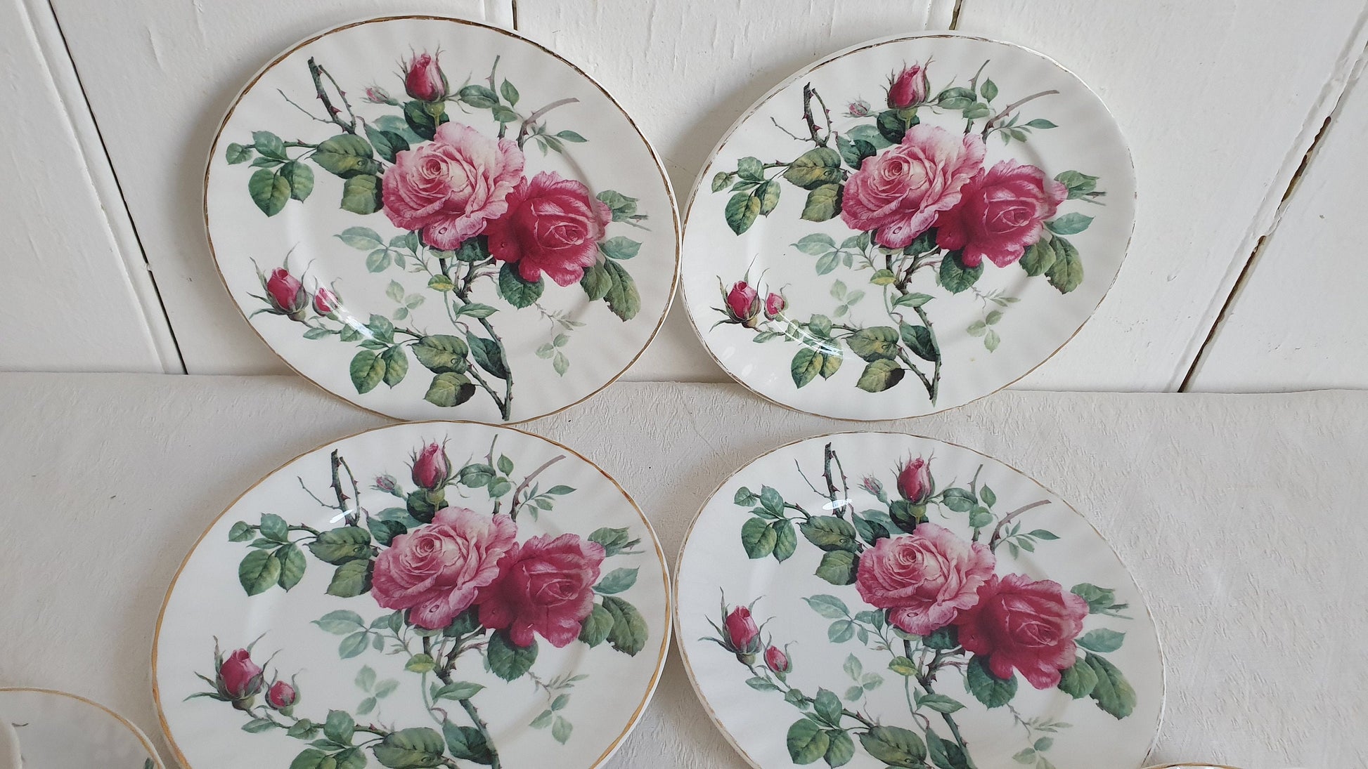 Delightful Set of 4 Rose Cups Saucers and Large Tea Plates ‘English Rose’ Tea Set Exclusive Design Roy Kirkham 1992