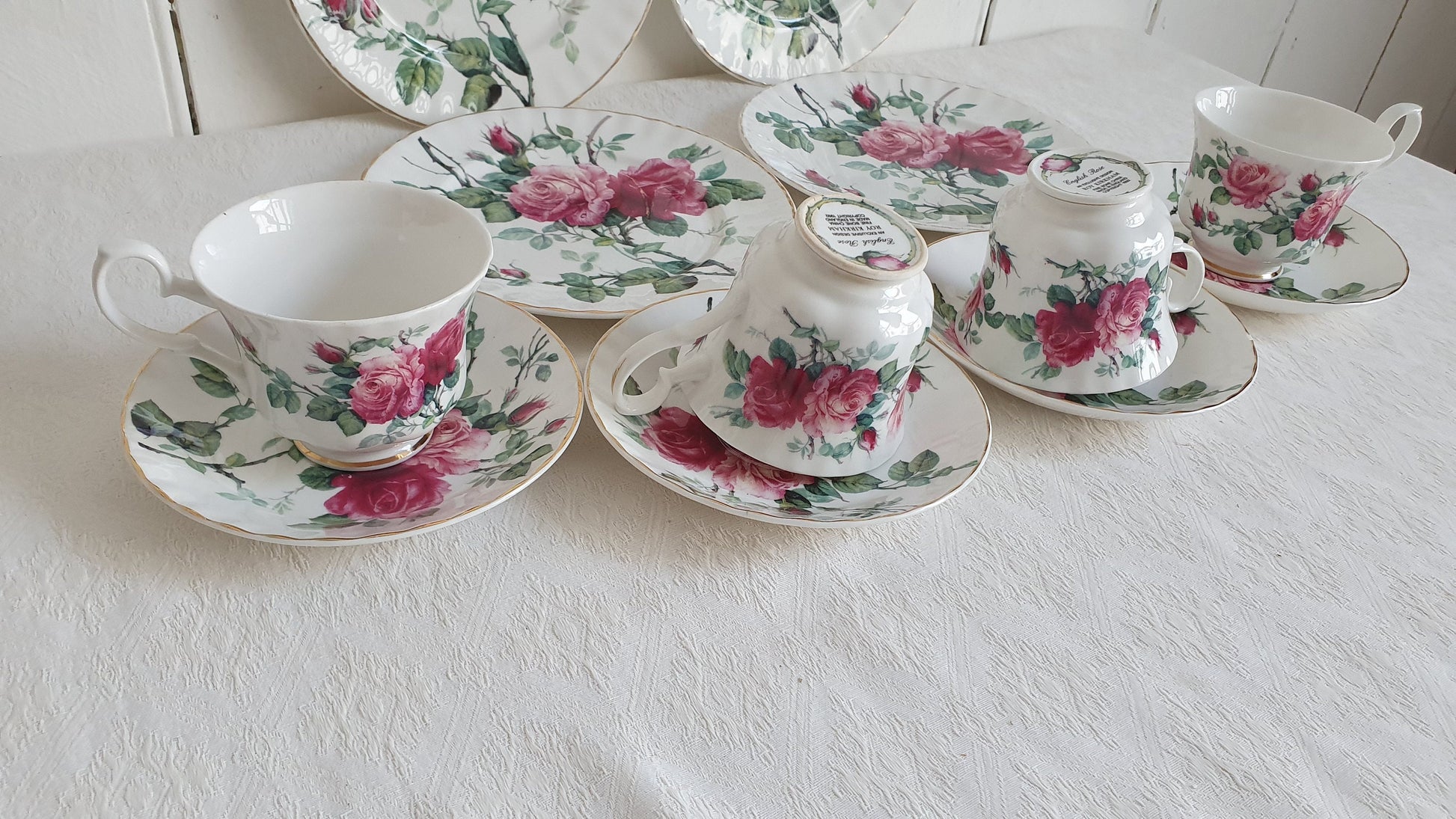 Delightful Set of 4 Rose Cups Saucers and Large Tea Plates ‘English Rose’ Tea Set Exclusive Design Roy Kirkham 1992