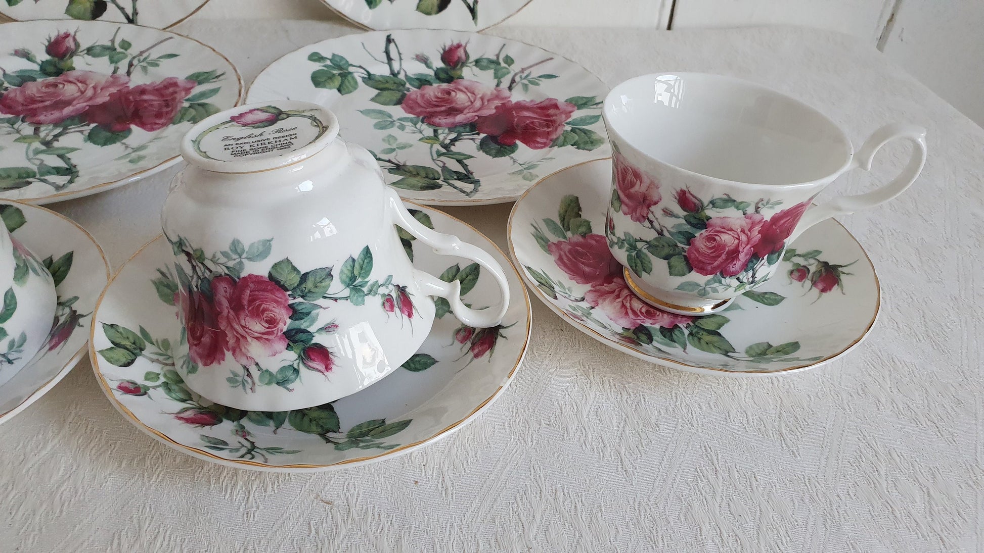 Delightful Set of 4 Rose Cups Saucers and Large Tea Plates ‘English Rose’ Tea Set Exclusive Design Roy Kirkham 1992