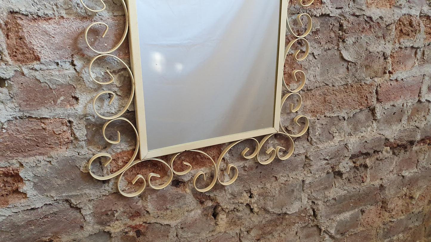 Quirky Retro Tall Vintage Mirror with White Curly Swirly Metal Frame.
