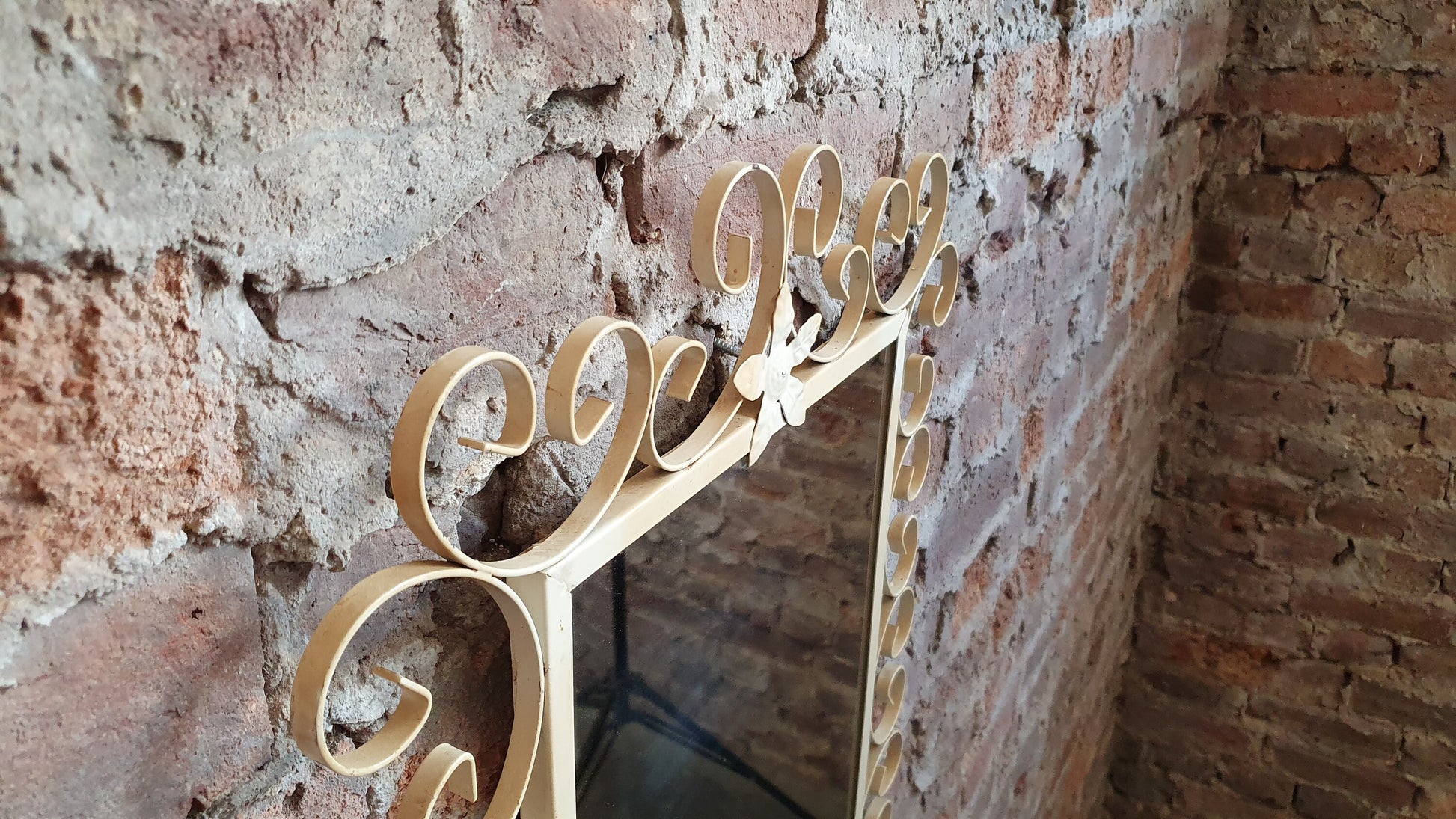 Quirky Retro Tall Vintage Mirror with White Curly Swirly Metal Frame.