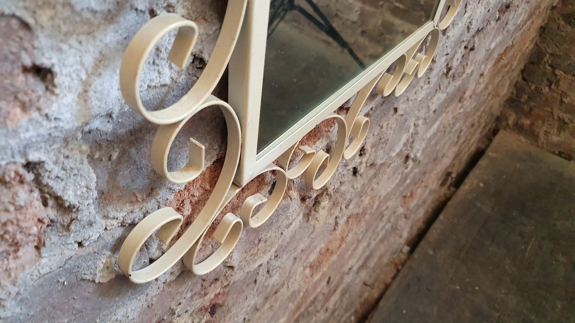 Quirky Retro Tall Vintage Mirror with White Curly Swirly Metal Frame.