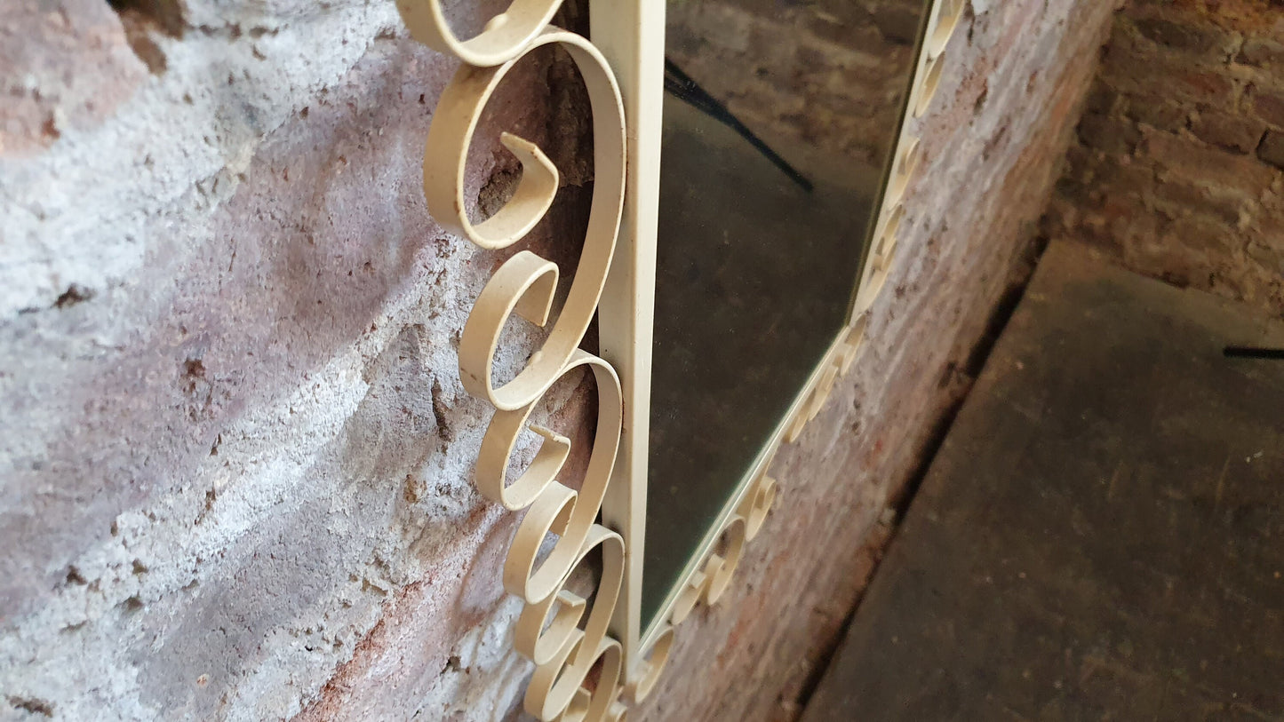 Quirky Retro Tall Vintage Mirror with White Curly Swirly Metal Frame.