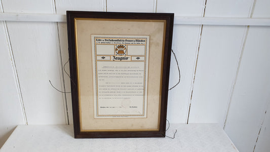 Vintage German Certificate with Ornate Text and Border in Glazed Wooden Frame Brewery Munchen 1933 Breweriana