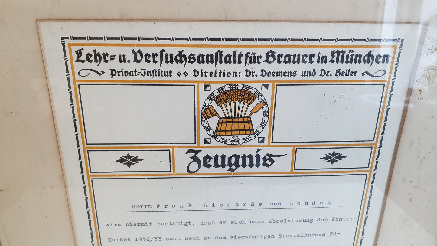 Vintage German Certificate with Ornate Text and Border in Glazed Wooden Frame Brewery Munchen 1933 Breweriana