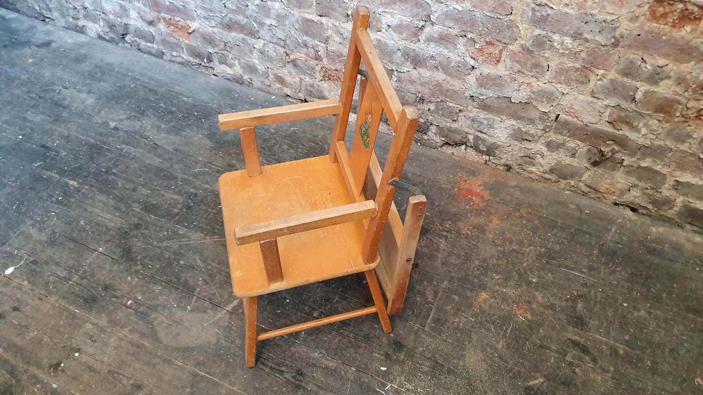 Vintage Retro Child’s Chair With Lift Over Eating Surface. Quirky Plant Stand.