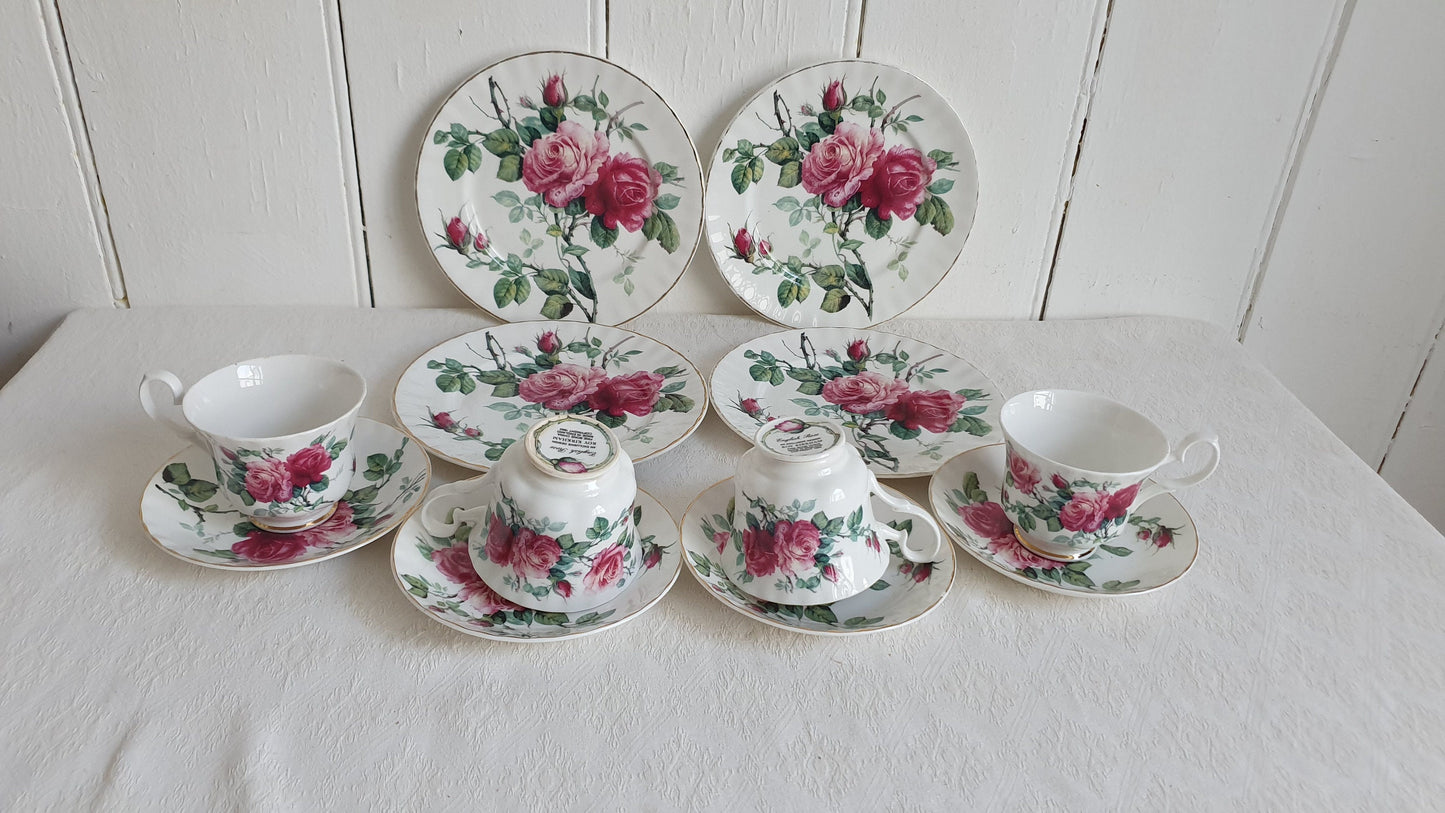Delightful Set of 4 Rose Cups Saucers and Large Tea Plates ‘English Rose’ Tea Set Exclusive Design Roy Kirkham 1992
