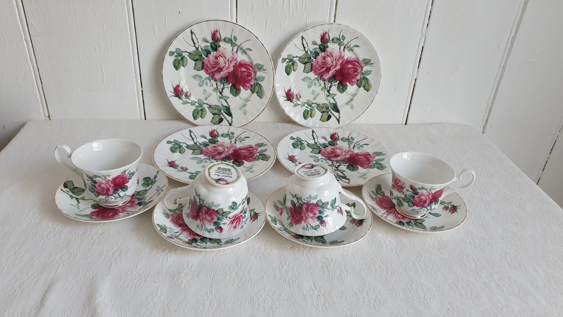 Delightful Set of 4 Rose Cups Saucers and Large Tea Plates ‘English Rose’ Tea Set Exclusive Design Roy Kirkham 1992