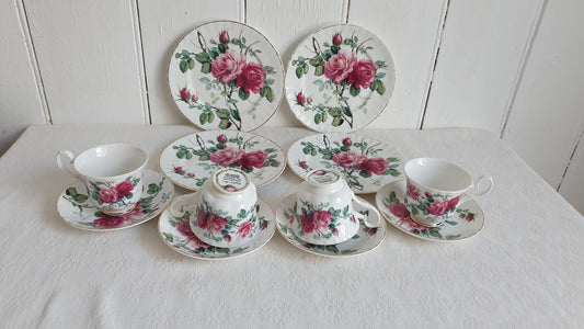 Delightful Set of 4 Rose Cups Saucers and Large Tea Plates ‘English Rose’ Tea Set Exclusive Design Roy Kirkham 1992