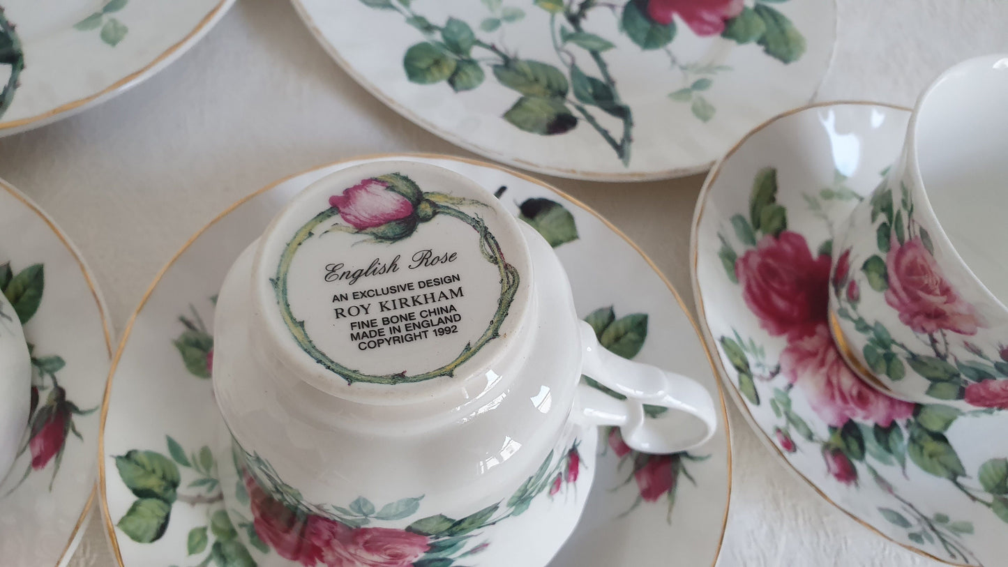 Delightful Set of 4 Rose Cups Saucers and Large Tea Plates ‘English Rose’ Tea Set Exclusive Design Roy Kirkham 1992