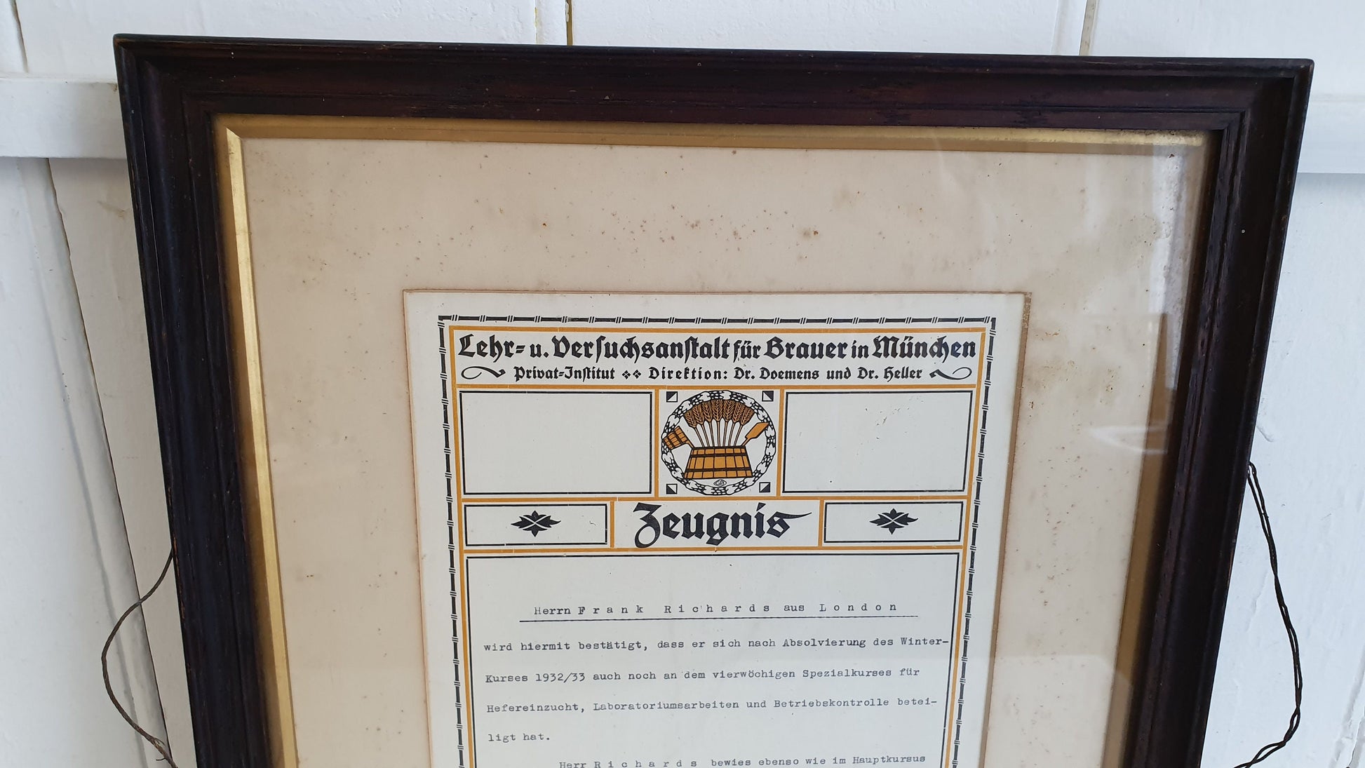 Vintage German Certificate with Ornate Text and Border in Glazed Wooden Frame Brewery Munchen 1933 Breweriana