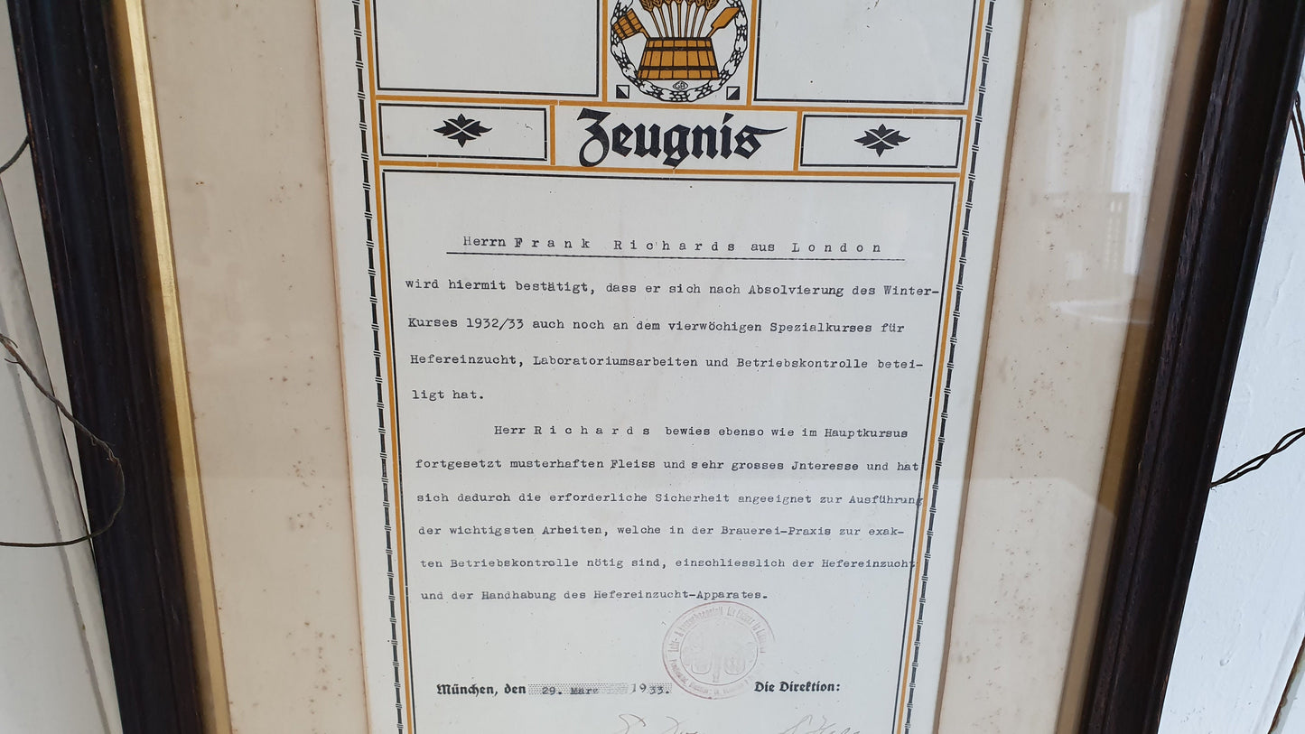 Vintage German Certificate with Ornate Text and Border in Glazed Wooden Frame Brewery Munchen 1933 Breweriana